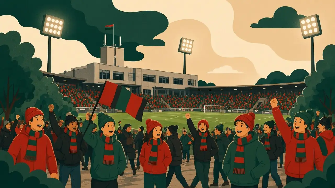 Goffertstadion met supporters, en de skyline van Nijmegen erachter