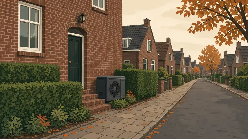 Bakstenen straat met een lage warmtepomp achter één huis
