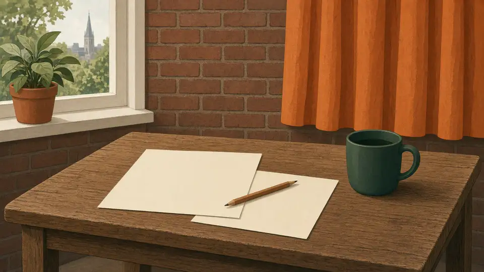 Twee blanco vellen op een keukentafel, een potlood en een diepgroene mok