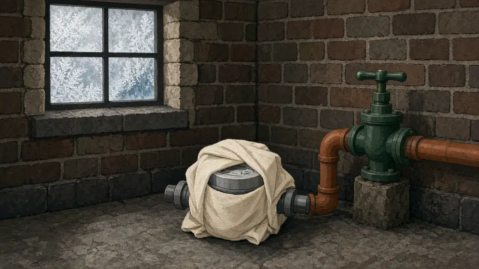 Watermeter in een bakstenen kelder, ingepakt tegen de vorst, met een groene kraan