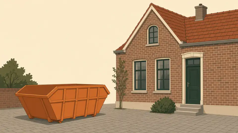 Oranje bouwcontainer voor een bakstenen gevel, zonder letters op de bak