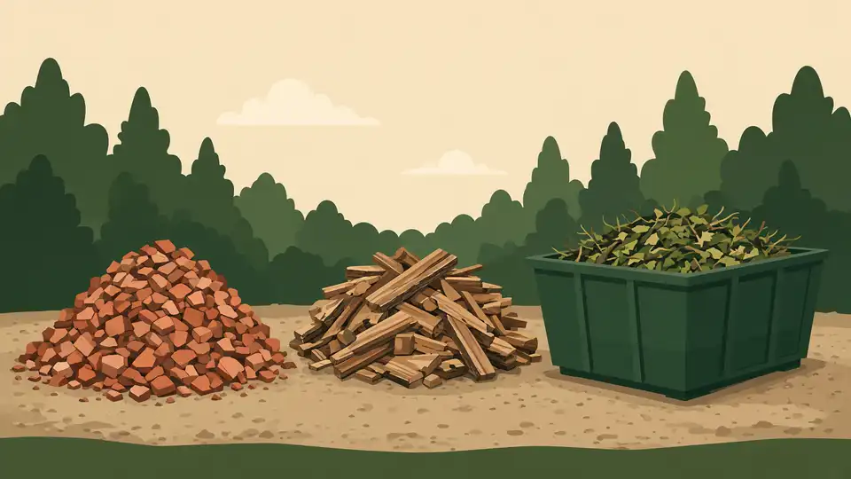 Gescheiden hopen puin en hout bij een groene bak, crème lucht