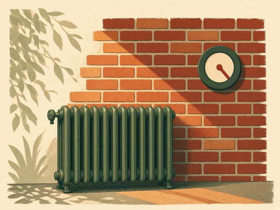Radiator tegen een bakstenen muur, met een ronde thermostaat zonder cijfers