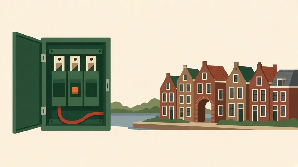 Open groepenkast in diepgroen met een oranje schakelaar, naast bakstenen huizen