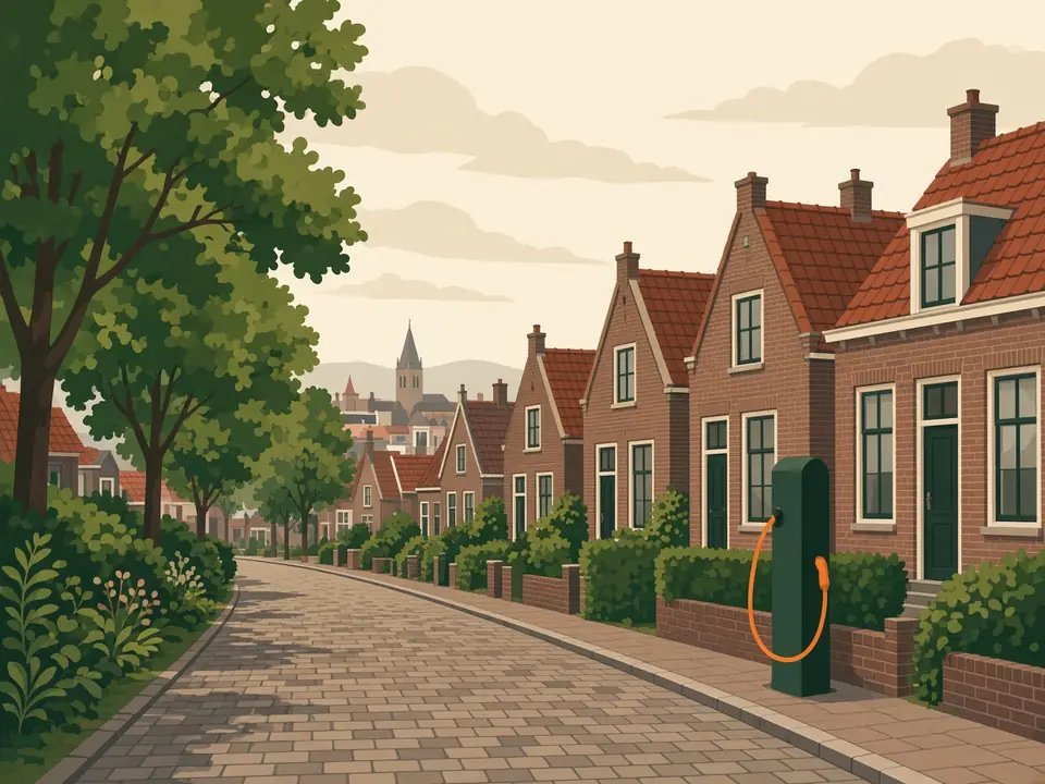 Bakstenen straat met een laadpaal in diepgroen en een oranje kabel, zonder tekst op de paal