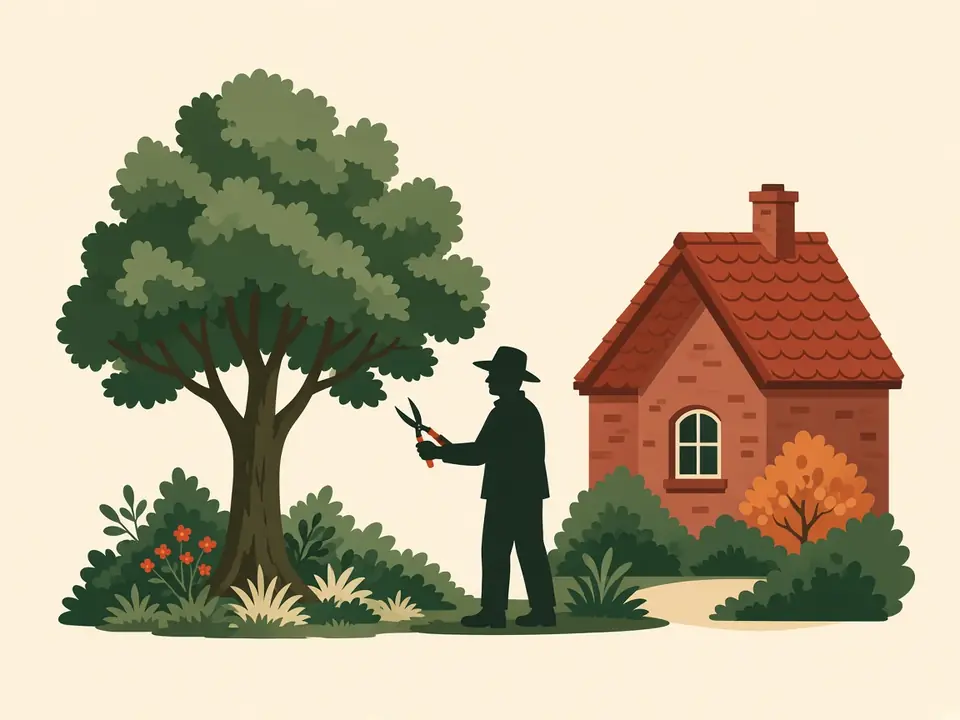 Volwassen boom naast een bakstenen huis, met een snoeischaar en een crème lucht