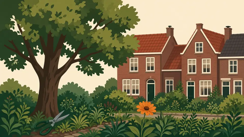 Tuin met een grote boom en bakstenen huizen onder een crème lucht