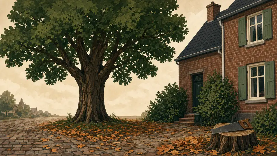 Volwassen boom naast een bakstenen huis, met oranje blad en een crème lucht