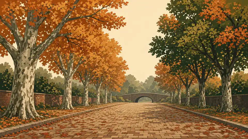 Laan met bomen in de herfst, bakstenen huizen en een boogbrug in de verte