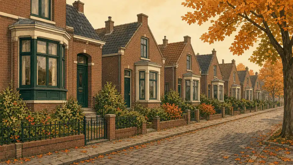 Jaren-30-straat van baksteen met erkers, voortuintjes en oranje blad