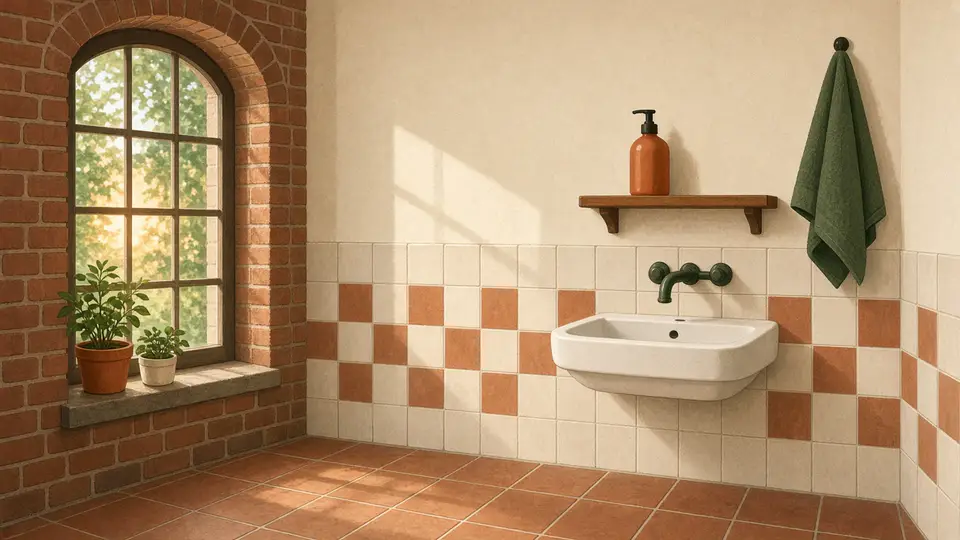 Kleine badkamer met crème en terracotta tegels, een witte wastafel en een diepgroene handdoek