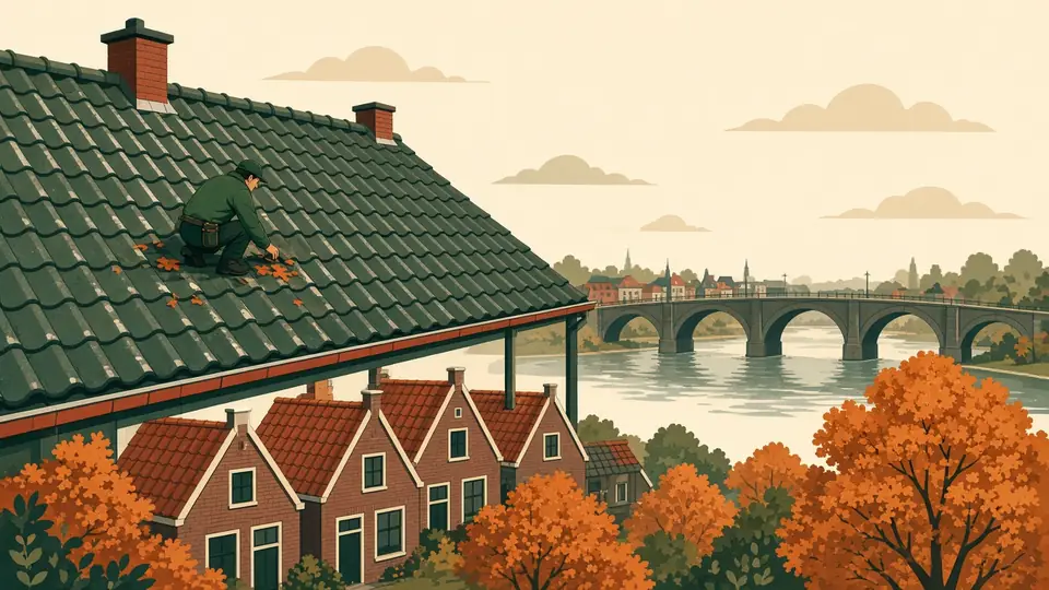 Pannendak met een dakdekker in het groen, bakstenen huizen en een boogbrug