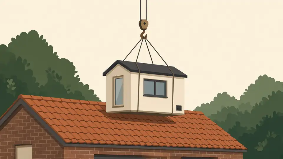 Een prefab dakkapel boven een bakstenen dak, met een kraanhaak en oranje pannen