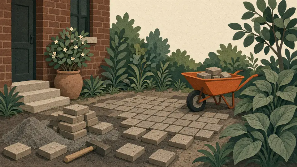 Kleiklinkers in een Nijmeegse achtertuin, met een oranje kruiwagen en diepgroen