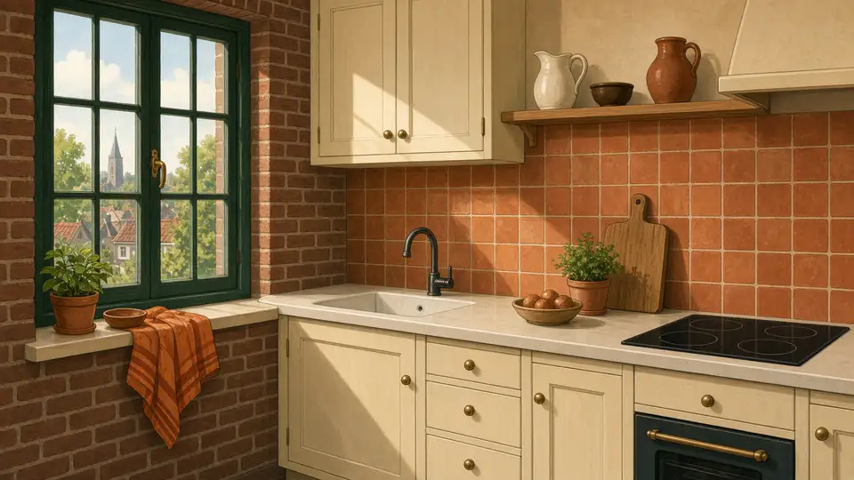 Jaren-30-keuken met crème kasten, een terracotta achterwand en een diepgroen raam