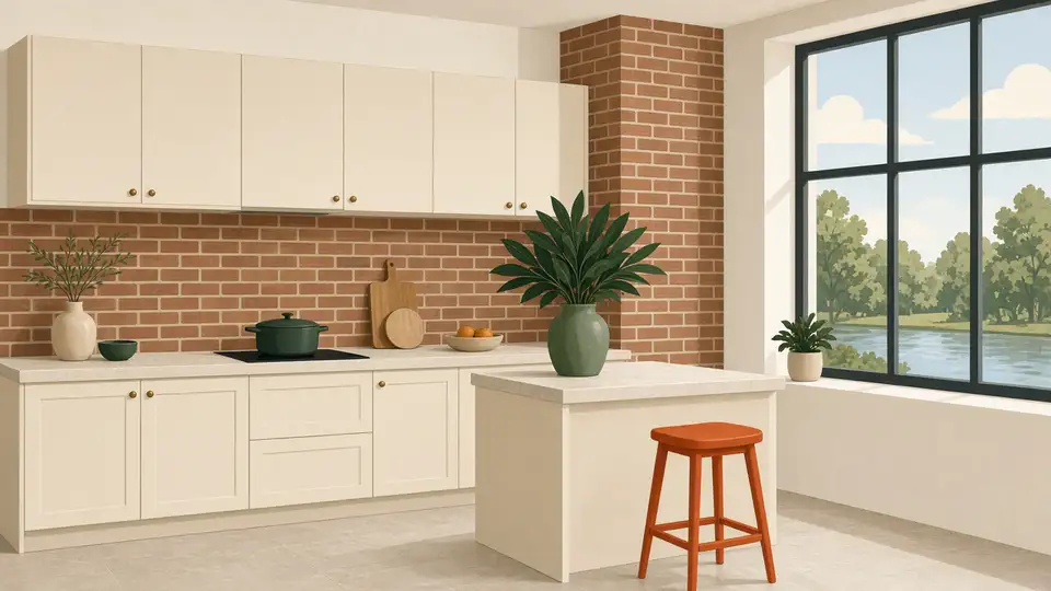 Lichte keuken in een nieuw bakstenen huis, met een diepgroene plant