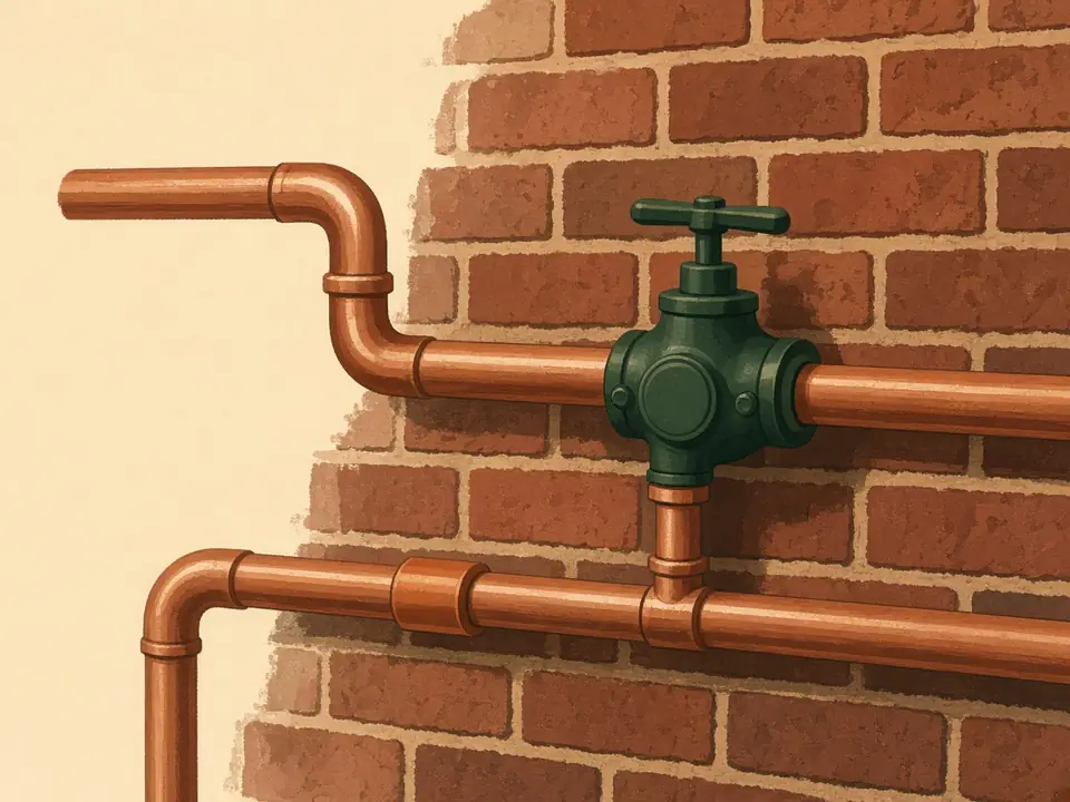 Koperen waterleiding en een groene afsluiter op een bakstenen muur