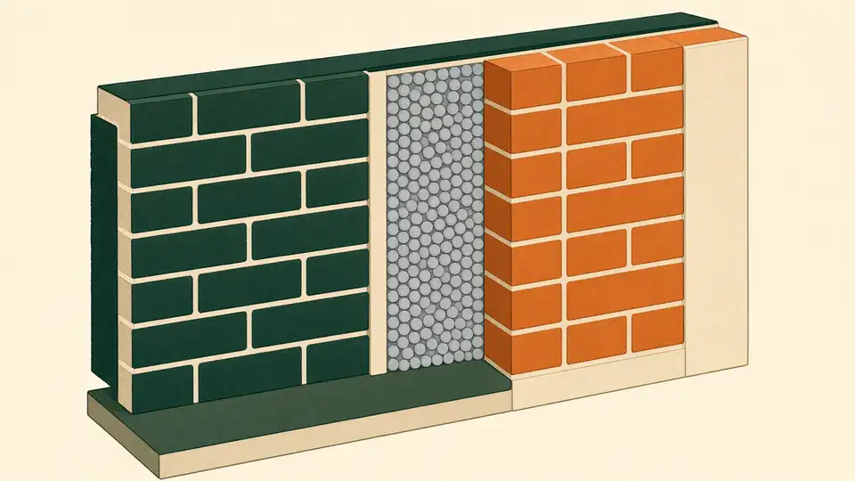 Doorsnede van een bakstenen muur met grijze isolatieparels in de spouw