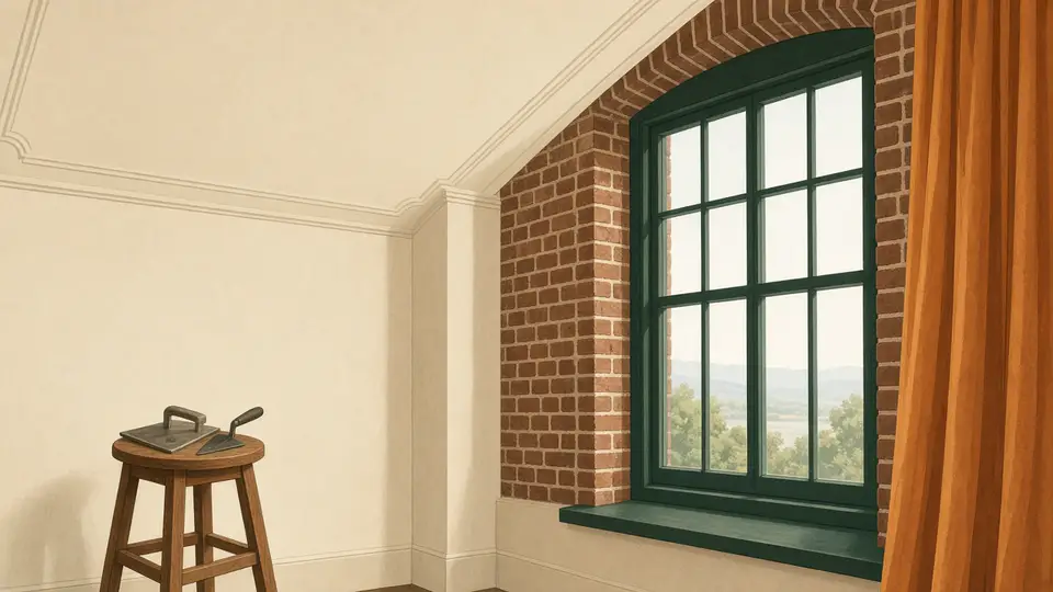 Hoog crème plafond in een bakstenen huis, met een spaarbord en een troffel op een kruk