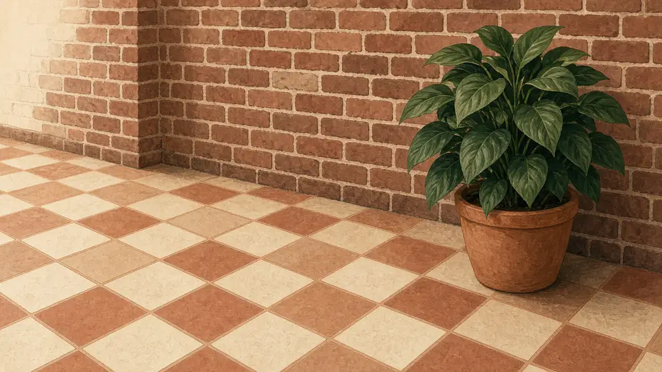 Crème en terracotta vloertegels in een bakstenen kamer, met een diepgroene plant