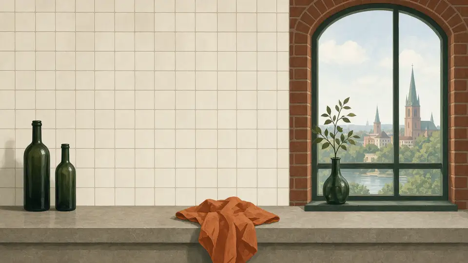 Een keukenwand van lichte tegels naast een bakstenen raam, met een oranje doek