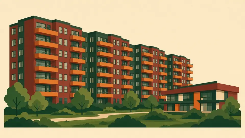 Bakstenen galerijflats met oranje balkons en een groen park, in de sfeer van Dukenburg