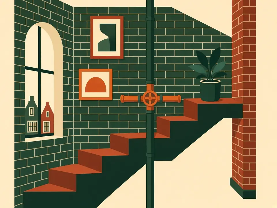Gedeelde standleiding in een bakstenen trappenhuis van een galerijflat