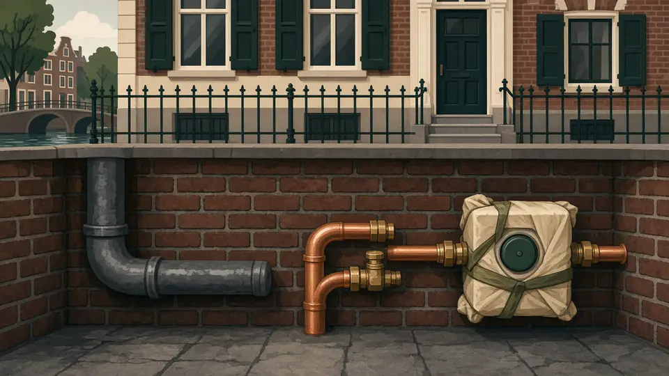 Donkere loden leiding naast een koperen buis en een ingepakte watermeter in een bakstenen kelder