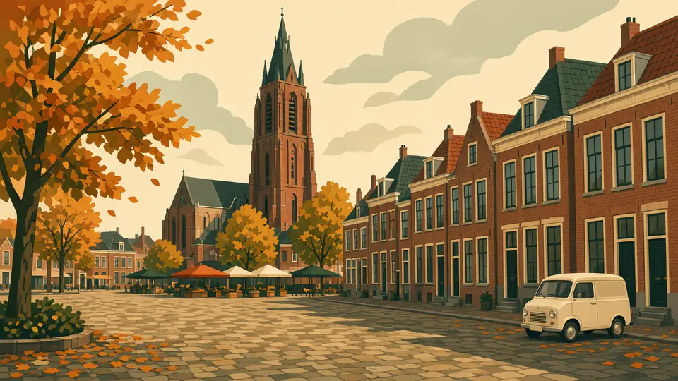 Bakstenen plein met een kerktoren, smalle gevels en een crème busje aan de rand