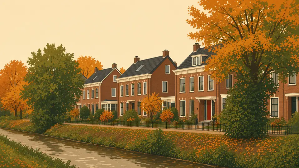 Herenhuizen van baksteen met voortuintjes langs een laan, diepgroen en oranje blad