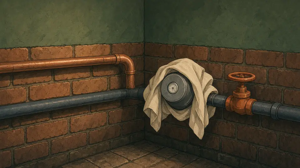 Koperen leiding naast een donkere loden leiding en een ingepakte watermeter in een bakstenen kelder