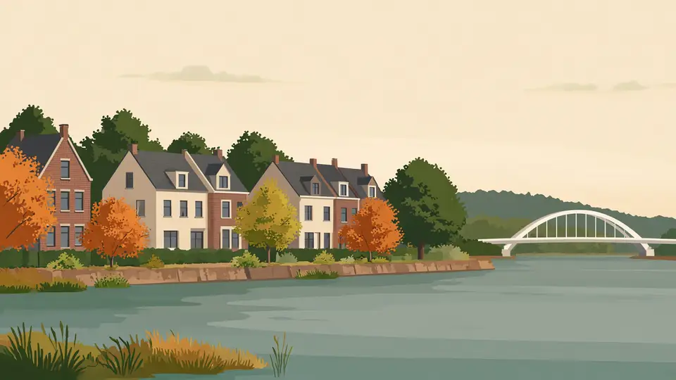 Nieuwe bakstenen huizen ten noorden van de Waal, met een witte boogbrug in de verte