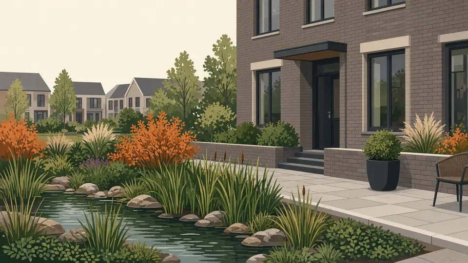 Een wadi met riet naast een nieuw bakstenen huis, diepgroen en een crème lucht