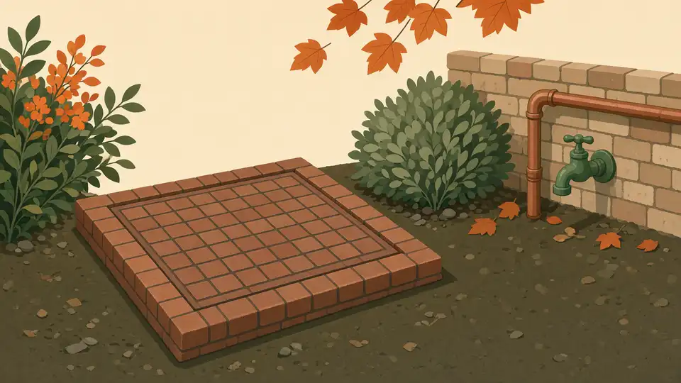 Een putdeksel in een voortuin, naast een koperen leiding en een groene buitenkraan