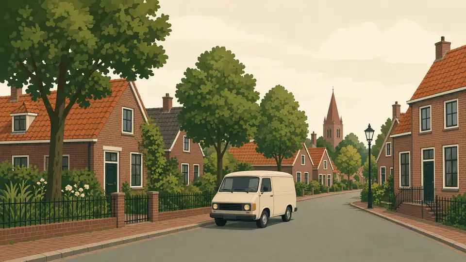 Bakstenen dorpsstraat met een crème busje, diepgroen en oranje daken
