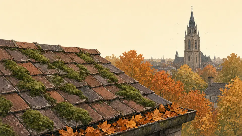 Bakstenen pannendak met groene mosplekken en oranje herfstblad in de goot