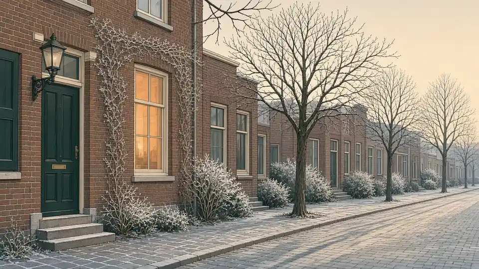 Winterse bakstenen straat, rijp op de stoep, warm licht achter één raam