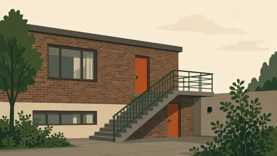 Een bakstenen portiekflat met een groene leuning en een oranje deur
