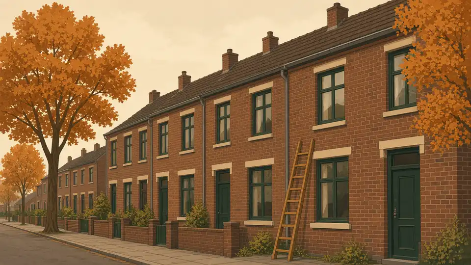 Jaren-zeventig-straat van baksteen met een ladder tegen één huis en oranje bomen
