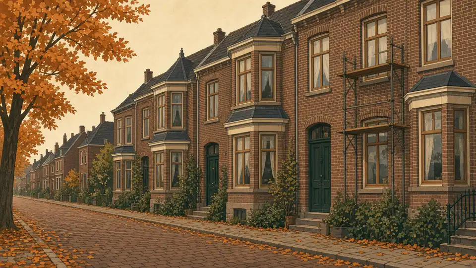 Jaren-30-straat van baksteen met erkers, houten kozijnen en oranje blad