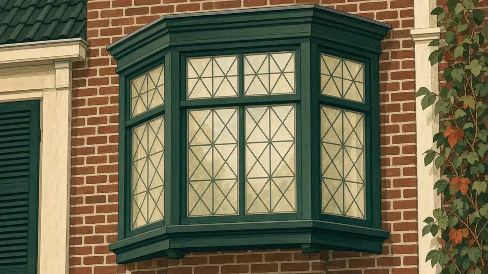 Houten erker met kleine glas-in-loodruitjes in een bakstenen gevel