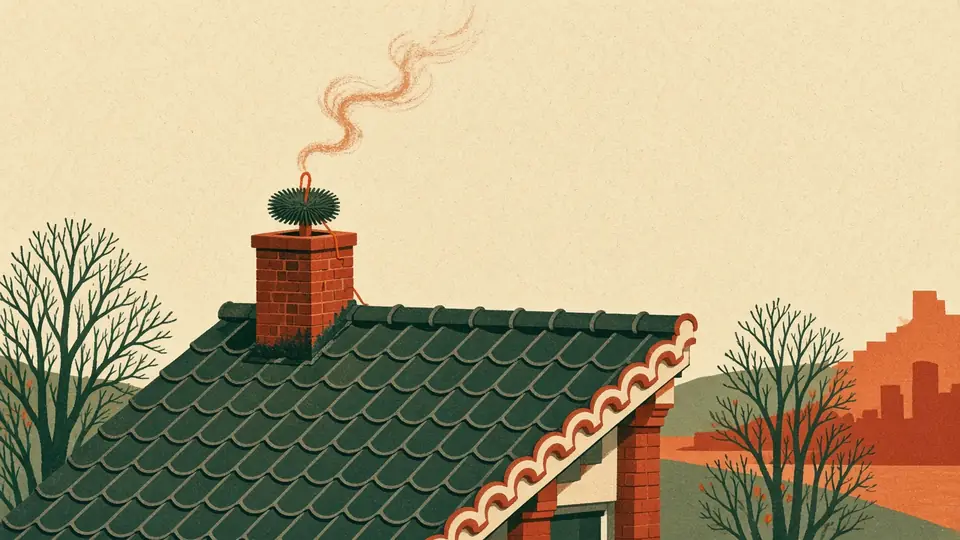 Bakstenen schoorsteen met een vegerborstel, pannendak en kale winterbomen