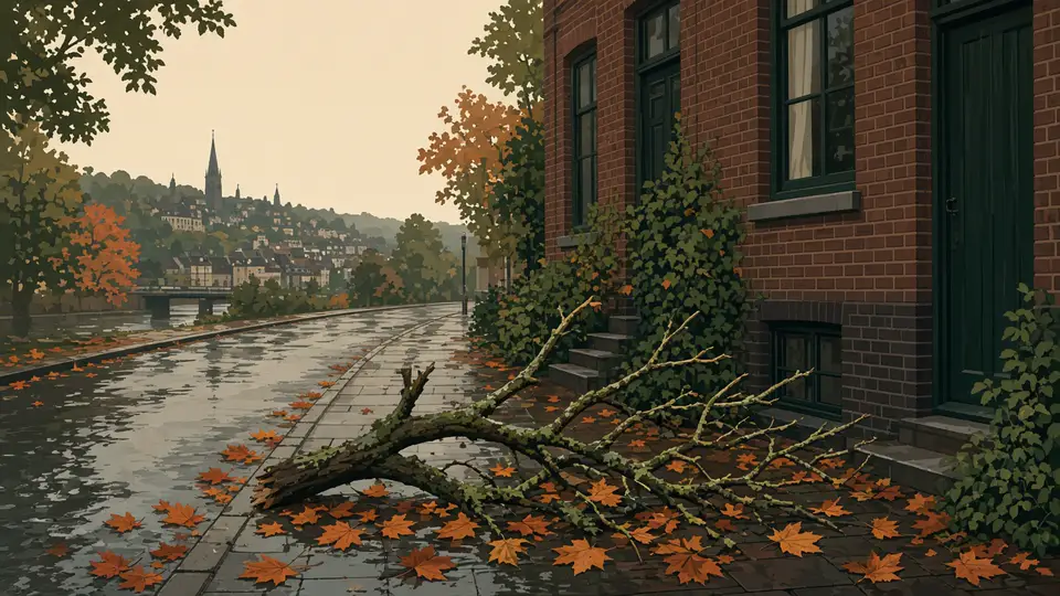 Een afgebroken tak naast een bakstenen huis, met oranje blad op het natte trottoir