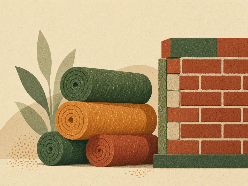 Rollen natuurlijke isolatie naast een bakstenen muur, zonder etiketten