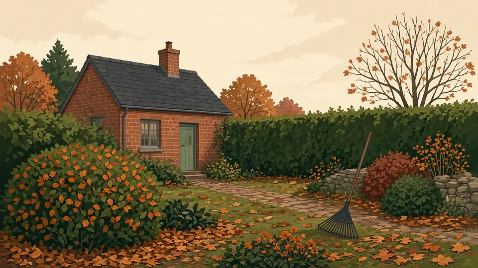 Herfsttuin bij een bakstenen huis, blad onder de struiken, diepgroen en oranje
