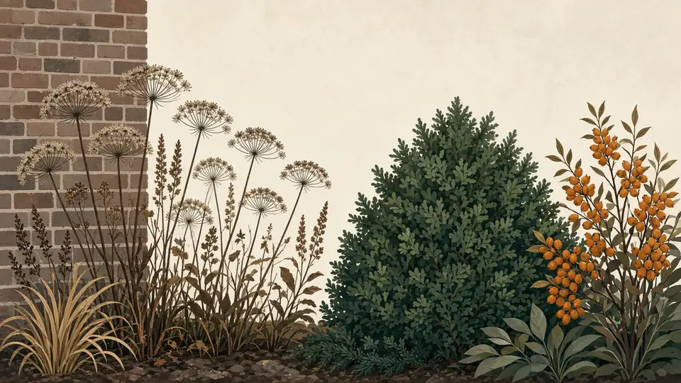 Uitgebloeide planten en oranje bessen tegen een bakstenen muur