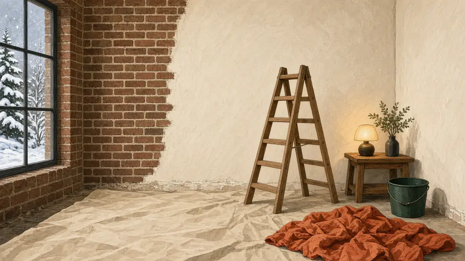 Een bakstenen kamer in verbouwing, met vers crème stuc, een ladder en warm lamplicht
