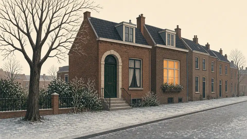 Winterse bakstenen straat, rijp op de stoep, warm licht achter één raam