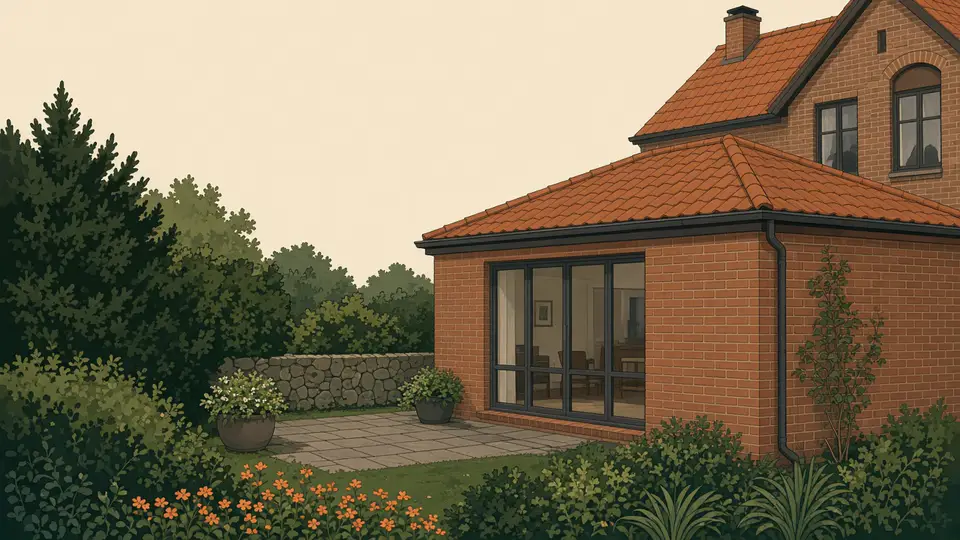 Aanbouw van baksteen aan de achterkant van een huis, met een groene tuin
