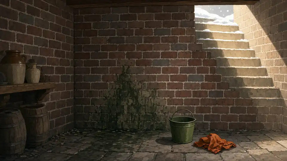 Vochtplek laag op een bakstenen kelderwand, met een groene emmer
